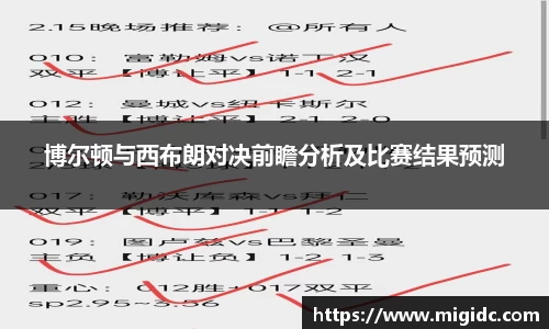 博尔顿与西布朗对决前瞻分析及比赛结果预测